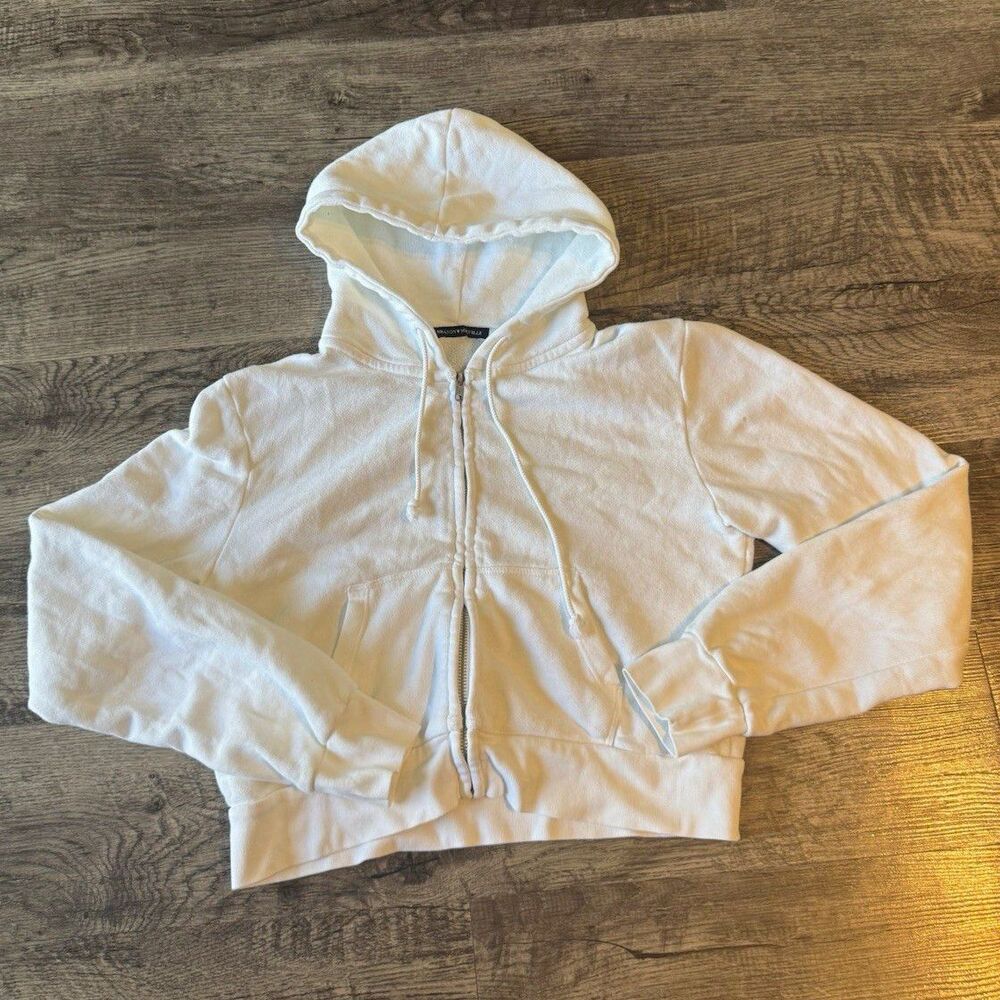 Brandy Melville Crystal Cropped Zip Up Hoodie White Womens One Size
